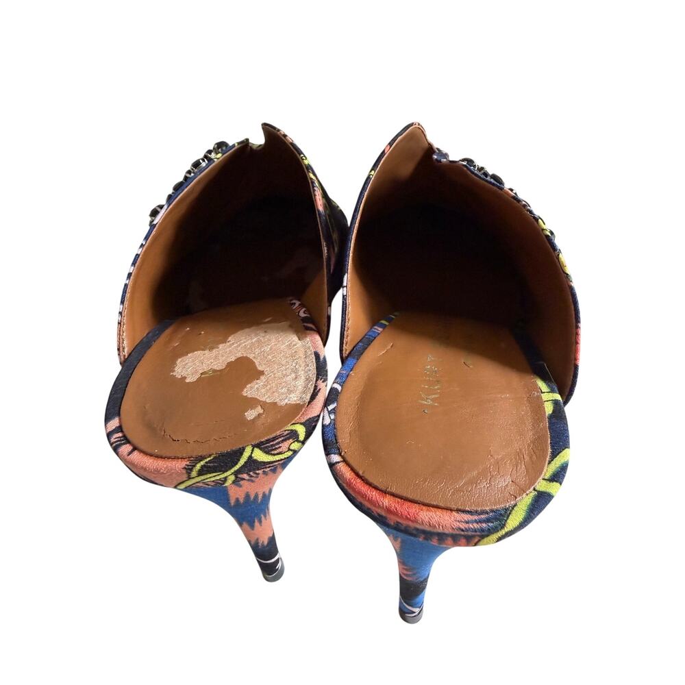 Kurt Geiger Satin Mules Heels Sz 39 US 8 Pointed Toe Statement Chain Print - Picture 7 of 10